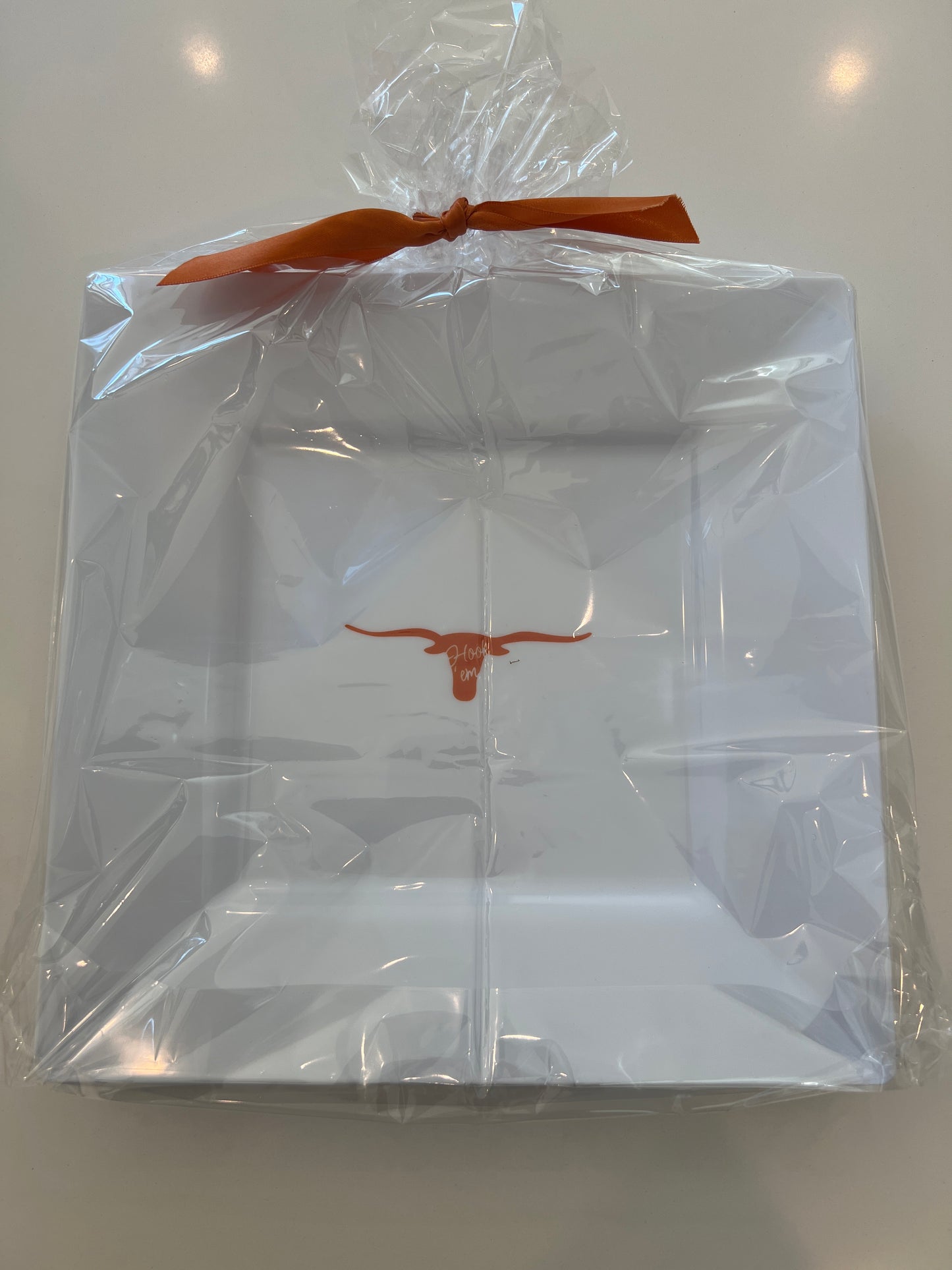 White Texas 10.75" Square Plates - Hook Em' - 10 count package size